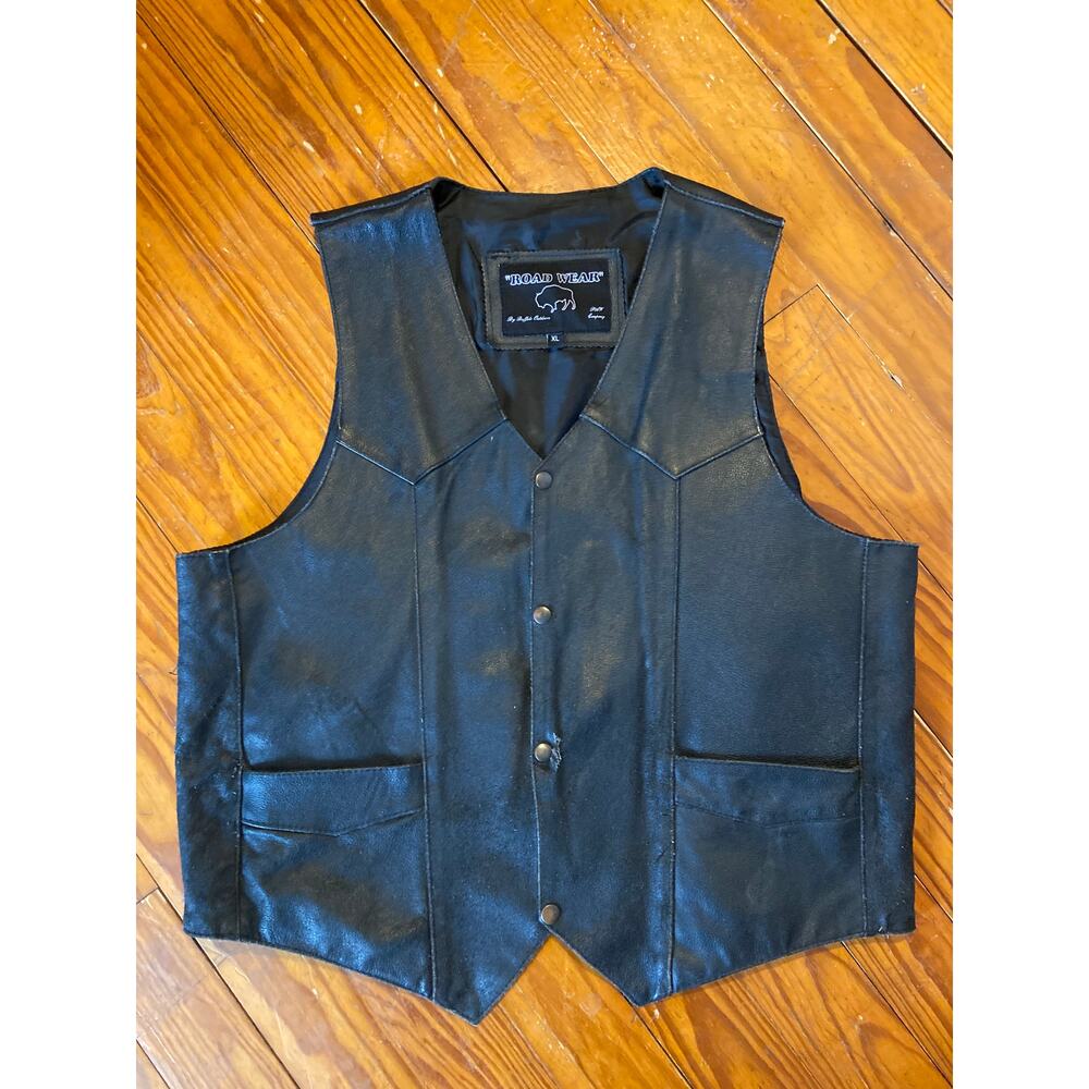 Vintage Road Wear Buffalo Leather Biker Vest - Black - Men's XL